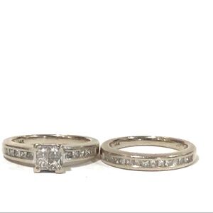 1.18 Carat Natural Diamond 14k White Gold Princess Cut Wedding Ring & Band Set